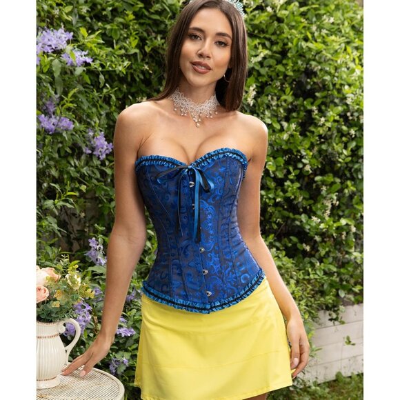 Women's Black and Blue Corset Tops Bustier Lingerie Lace Waist Push Up Bodysuit - Picture 3 of 8